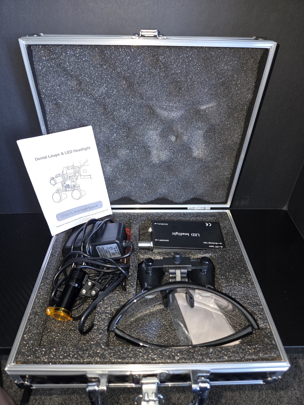 Dental 3.5X Binocular Loupes + 3W LED Head Light w/ Filter + Aluminum Box Black